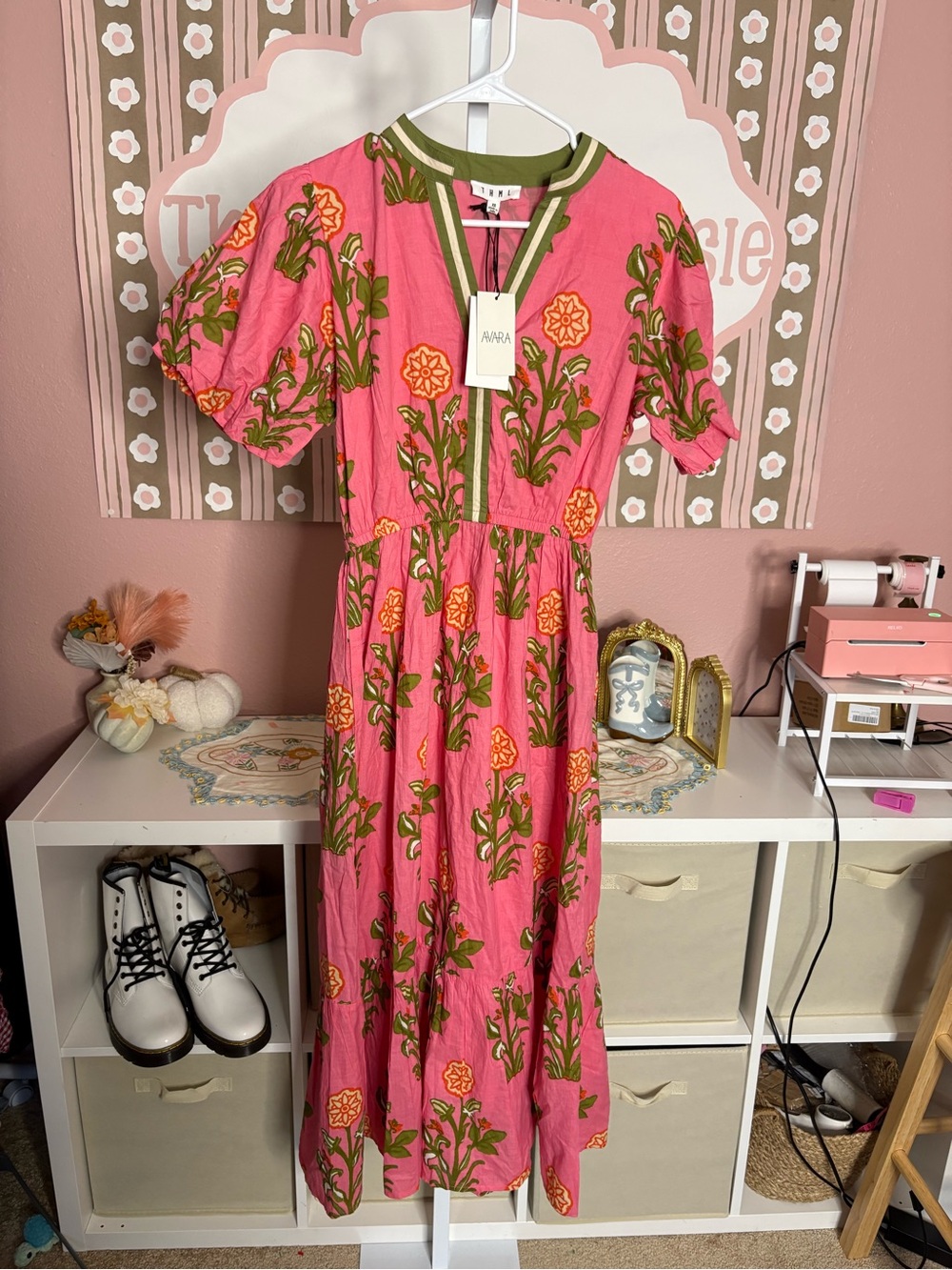 NWT THML Pink Floral Maxi Dress with Orange & Green Accents